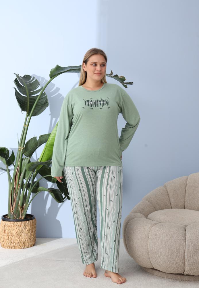 Pijama Dama ,Big Size ,''JUST LOVELY" cu Pantloni si Maneca lunga, Culoare Verde,Engros